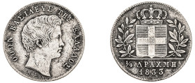 Greece. King Otto, 1832-1862. 1/4 Drachma, 1833, First Type, Munich mint, 1.16g (KM18; Divo 16a).

Some pitting, very fine.