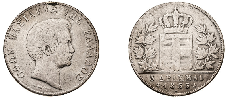 Greece. King Otto, 1832-1862. 5 Drachmai, 1833 A, First Type, Paris mint, 21.64g...