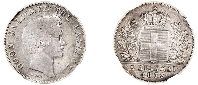 Greece. King Otto, 1832-1862. 5 Drachmai, 1833, First Type, Munich mint (KM20; D...