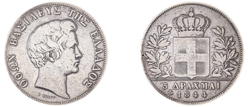 Greece. King Otto, 1832-1862. 5 Drachmai, 1844 (o), First Type, Athens mint (KM2...