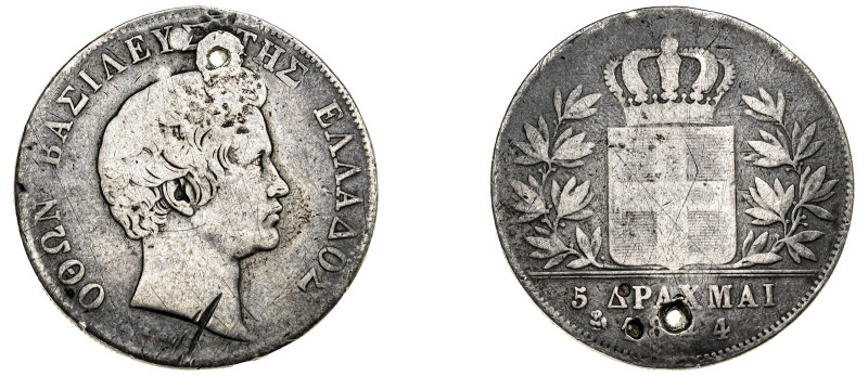 Greece. King Otto, 1832-1862. 5 Drachmai, 1844 (o), First Type, Athens mint, 21....