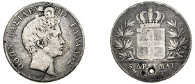 Greece. King Otto, 1832-1862. 5 Drachmai, 1844 (o), First Type, Athens mint, 21.46g (KM20; Divo 10d; Dav. 115).

Holed and with test cut on obverse, e...