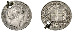 Greece. King Otto, 1832-1862. 1/4 Drachma, 1845, First Type, Athens mint, 1.16g (KM18; Divo 16c)

Holed with ex mount remaining otherwise about very f...