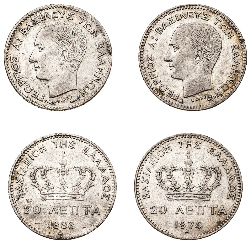 Greece. King George I, 1863-1913. Lot of 2 coins comprising 20 Lepta, 1874 A, Fi...