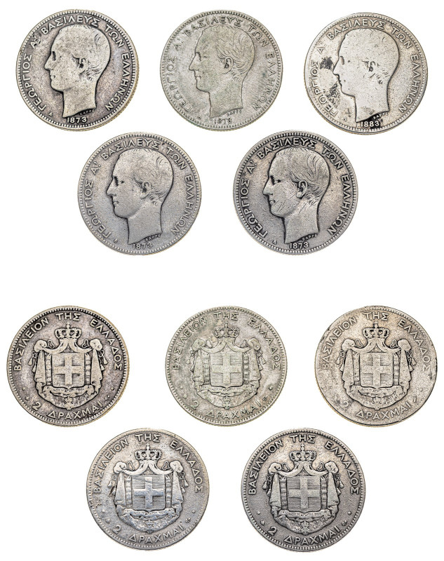 Greece. King George I, 1863-1913. Lot of 5 coins comprising 2 Drachmai (4), 1873...