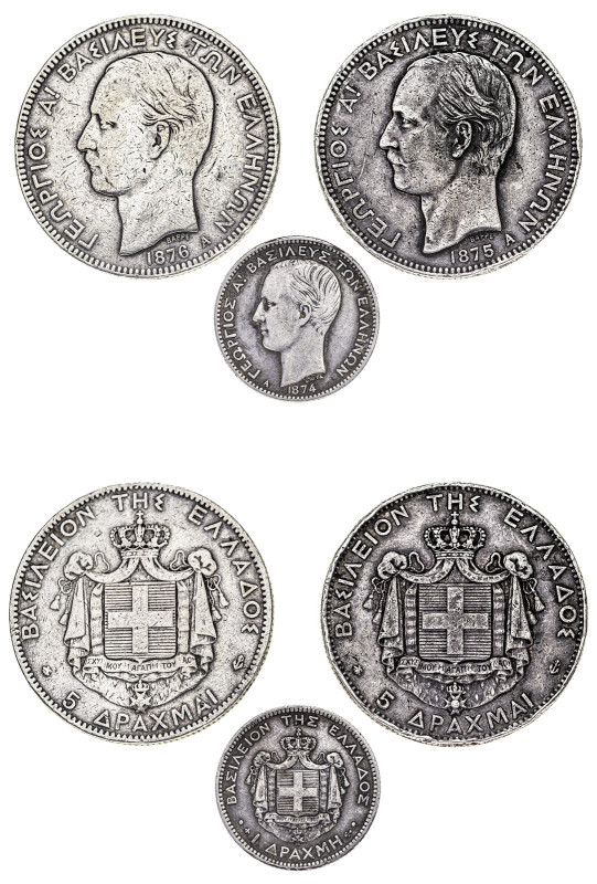 Greece. King George I, 1863-1913. Lot of 3 coins comprising Drachma, 1874 A, Fir...