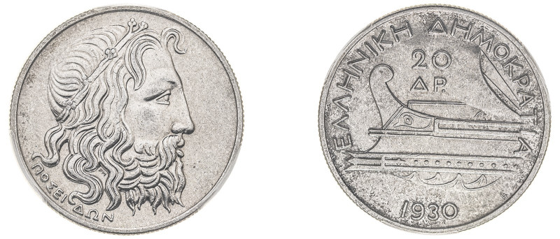 Greece. First Republic, 1924-1935. 20 Drachmai, 1930, London mint (KM73; Divo 10...