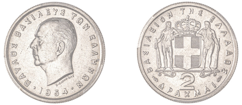 Greece. King Paul, 1947-1964. 2 Drachmai, 1954, Paris mint (KM82; Divo 118a).

G...