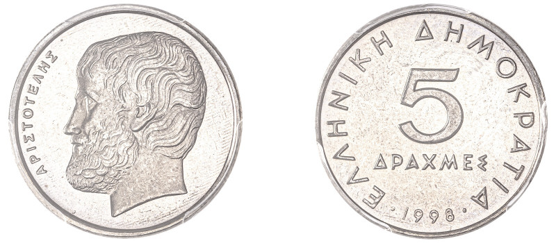 Greece. Third Republic, 1974-. 5 Drachmai, 1998, Athens mint (KM131).

Graded MS...