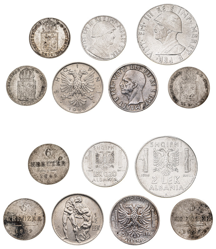 World. Lot of 7 coins comprising Albania 1/2 Lek, 1926 R, 6.00g (KM4), 5 Lek, 19...