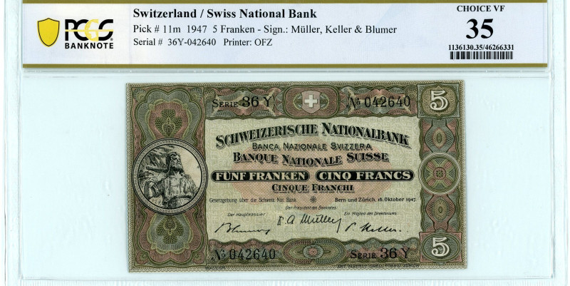 Switzerland 
Swiss National Bank
5 Franken, 16 October 1947
S/N 36Y-042640 - Sig...