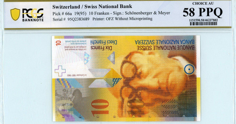 Switzerland
Swiss National Bank
10 Franken, 19(95)
Without Microprinting
S/N 95Q...