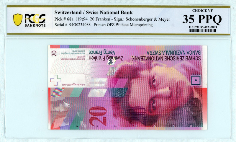 Switzerland
Swiss National Bank
20 Franken, (19)94
Without Microprinting
S/N 94G...