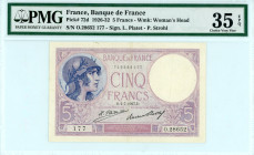 France
Banque de France
5 Francs, 1/7/1927 (1926-1932)
S/N O.28652 177 - Sign. L. Platet and P. Strohl
Wmk: Woman’s Head
Pick 72d

Graded Choice Very ...