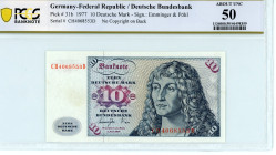 Germany
Federal Republic
Deutsche Bundesbank
10 Deutsche Mark, 1 June 1977
No Copyright on Back
S/N CH4068553D - Sign. Emminger and Pöhl
Pick 31b

Gra...