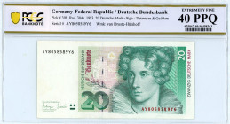 Germany
Federal Republic
Deutsche Bundesbank
20 Deutsche Mark, 1 October 1993
S/N AY8058589Y6 - Sign. Tietmeyer and Gaddum
Pick 39b

Graded Extremely ...