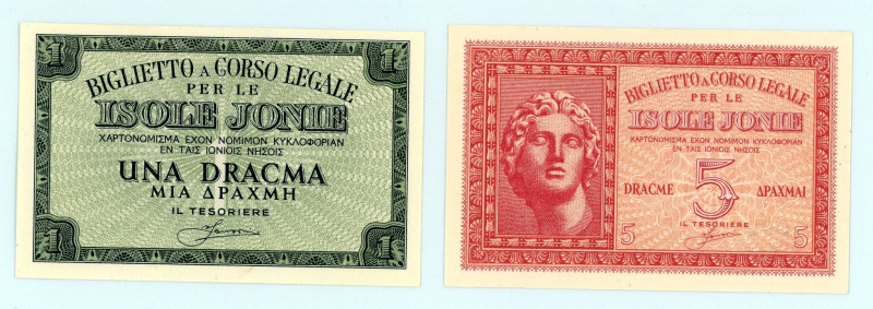 Greece
Italian Occupation - Ionian Islands
Lot of 2 banknotes comprising Drachma...