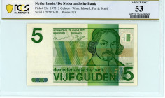 Netherlands
De Nederlandsche Bank
5 Gulden, 28 March 1973
S/N 2923834311
Printer: JEZ
Wmk: Inkwell, Pen and Scroll
Pick 95a

Graded About Uncirculated...