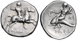 Kalabrien-Tarent. 
AR-Stater (Didrachmon) (Nomos 273-235 BC). SNG&nbsp;München&nbsp;-, SNG&nbsp;ANS&nbsp;1220-1. 6,29&nbsp;g. . 
ss+