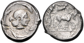 Sizilien-Syrakus. 
AR-Tetradrachme (Zeit des Gelon, 485-478 v. Chr.). Boehringer&nbsp;-. 17,15&nbsp;g. . 
ss