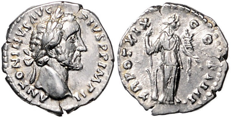 Kaiserzeit. 
Antoninus Pius 138-161. AR-Denar 155-156 ANTONINVS AVG PIVS PP IMP...