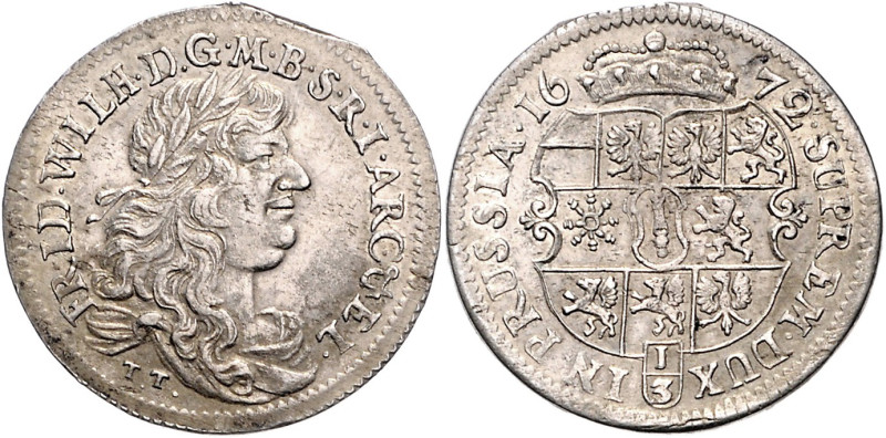 Brandenburg/-Preußen. 
Friedrich Wilhelm 1640-1688. 1/3 Taler 1672 TT Königsber...