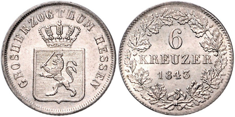 Hessen/-Darmstadt. 
Ludwig II. 1830-1848. 6 Kreuzer 1843. AKS&nbsp;109, Jaeger&...