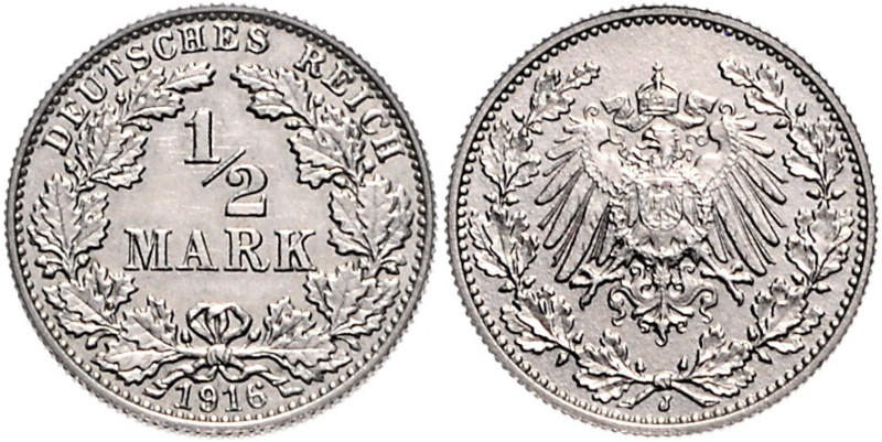 Kleinmünzen. 
1/2 Reichsmark 1916 J Materialprobe in Nickel. Jaeger&nbsp;zu&nbs...