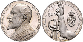 Erster Weltkrieg-Personenmedaillen. 
Ferdinand I. König von Bulgarien. Silbermedaille 1915 (v. Hummel/Lauer) 'Unsere Sache ist gerecht u. heilig', i....