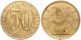 Weimarer Republik. 
50 Reichspfennig 1925 F Motivprobe mit anderer Gestaltung der Vorder- und Rückseite, Messing, mit Riffelrand. Jaeger&nbsp;zu&nbsp...