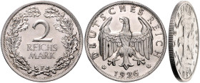 Weimarer Republik. 
2 Reichsmark 1926 F Probe- oder Fehlprägung der Münze Stuttgart, in Silber, auf dünnerer Ronde. Gewicht nur 6,9 statt 10 Gramm. J...