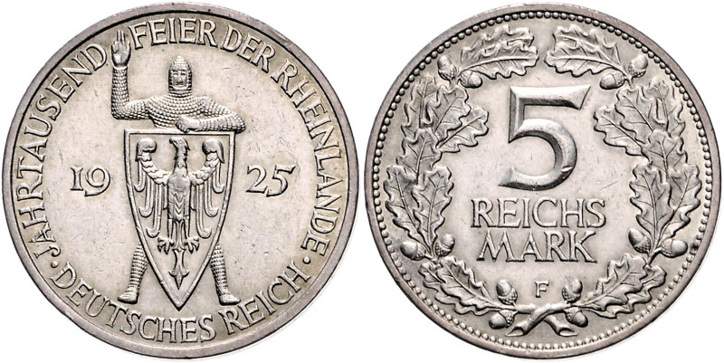 Weimarer Republik. 
5 Reichsmark 1925 F Zur Jahrtausendfeier der Rheinlande. Ja...