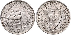 Weimarer Republik. 
3 Reichsmark 1927 A 100 Jahre Bremerhaven. Jaeger&nbsp;325. . 
vz-st