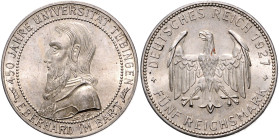 Weimarer Republik. 
5 Reichsmark 1927 F 450 Jahre Universität Tübingen. Jaeger&nbsp;329. . 
vz-st