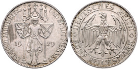 Weimarer Republik. 
5 Reichsmark 1929 E 1000 Jahre Burg und Stadt Meissen. Jaeger&nbsp;339. Vs: Sf. / Schabstelle. 
f. vz