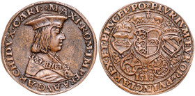 Haus Habsburg. 
Maximilian I. 1486-1508-1519. 1/2 Guldiner 1518 St. Veit alte Kupfer-Sammleranfertigung, schwacher Rest einer Tuschezahl. . 
ss