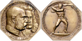 Haus Habsburg. 
Franz Joseph I. 1848-1916. Achteckige Bronzeplakette 1916 (v. Kaps) auf 200 Jahre Kaiserinfanterie. l. Korrosionssp., kl. Rf. 49,0&nb...