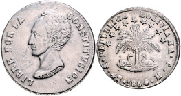 Bolivien. 
Republik. Lot von 2 Stücken: 8 Soles 1851 PTS FM und 4 Soles 1854 PTS MJ. K.M.&nbsp;109,&nbsp;123.2. . 
ss