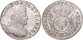 Frankreich. 
Ludwig XIV. 1643-1715. 1/2 Ecu aux palmes 1695 X Lille. Gadoury&nbsp;185. übliche leichte Überprägungsspuren. 
f.st