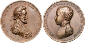 Frankreich. 
Charles X. 1824-1830. Lot von 2 Stücken: Bronzemedaille 1828 (v. Dubois/de Puymaurin) auf Henri d\rquote Artois mit Portrait seines Vate...