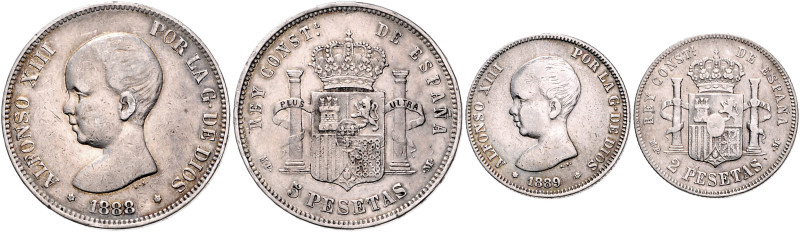 Spanien. 
Alfonso XIII. 1886-1931. Lot von 2 Stücken: 5 Pesos 1888 MP-M und 2 P...