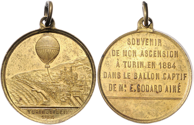 Luftfahrt. 
Vergoldete Bronzemedaille 1884 auf den Ballonaufstieg von E. Godard...