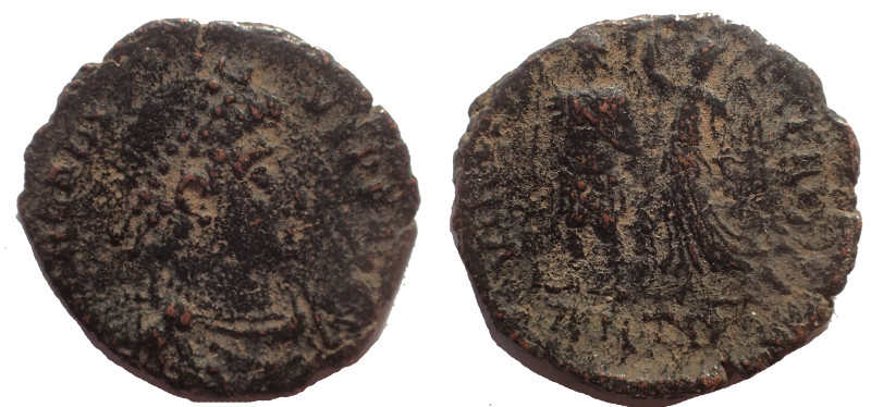 Valens. AD 364-378. Æ 13 mm. 1.8 gm. Antioch mint. Struck AD 367-375. Obv: Pearl...