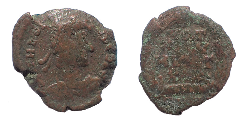 Theodosius I, 379-395 A.D. AE 4, 13 mm. 1.0 gm. Obv: D N THEODOSIVS P F AVG, pea...