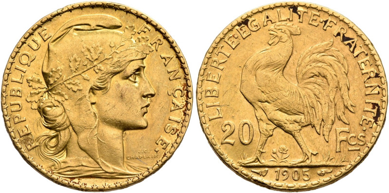 France, Troisième République. 1875-1940. 20 Francs 1905 Gold. 21 mm. 6.44 gm. Pa...