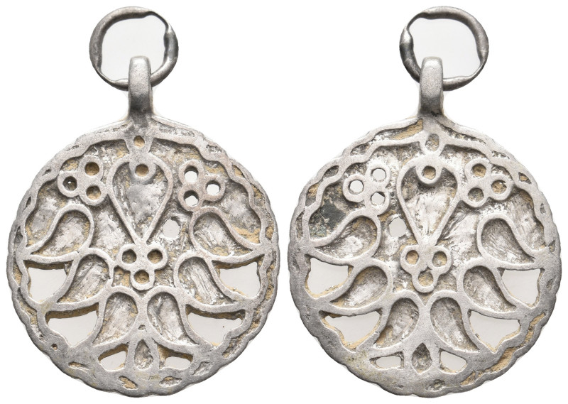 Ancient Silver Pendant 29 x 35 mm. 5.0 gm. Pierced floral pattern.