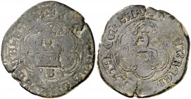 Reyes Católicos. Burgos. 4 maravedís. (Cal. tipo 261, falta var) (Seb. 16). 9,66 g. Roel sobre el castillo. MBC-.