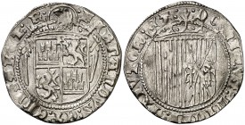 Reyes Católicos. Burgos. 1 real. (Cal. 283). 2,74 g. Anterior a la Pragmática. Corona del reverso con entramado interior. Bella. Rara. EBC-.