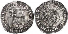 Reyes Católicos. Burgos. 1 real. (Cal. 285 var). 2,92 g. El nombre de la reina dividido entre el anverso y el reverso. Manchitas. MBC-.