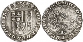Reyes Católicos. Burgos. 1 real. (Cal. 285 var). 3,01 g. El nombre de la reina dividido entre el anverso y el reverso. Rara. MBC.